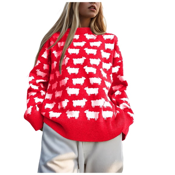 larppty Women's Cute Sweater Crewneck Long Sleeve Oversized Color Block Knit Pullover Fall Top Fashion (Red, M)