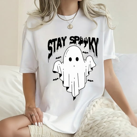 Ghost Print Halloween Shirt Short Sleeve Shirt for Women White One-Piece