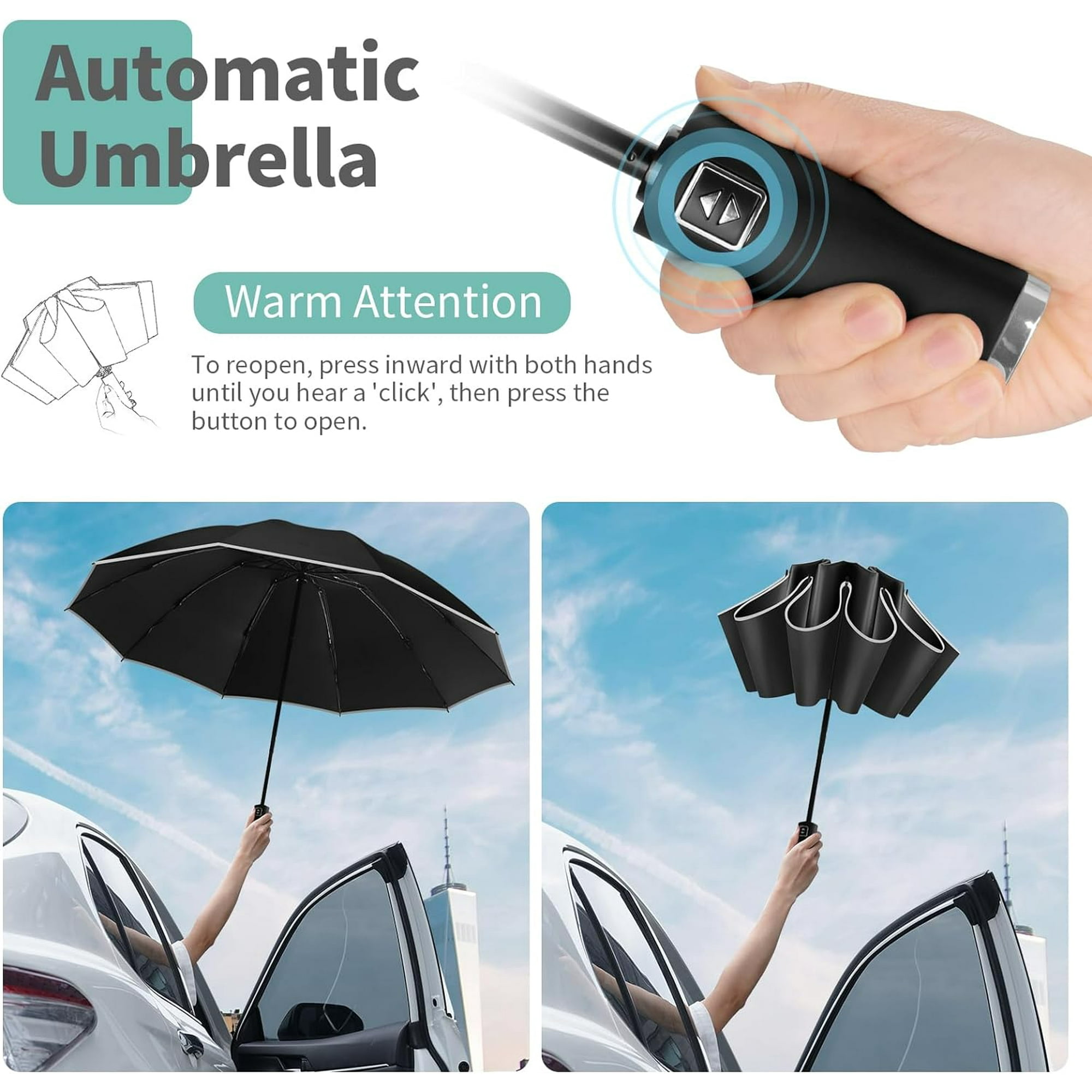 Parapluie femme mini automatique pliant open-close uni noir tissu recyclé biais orange Smati