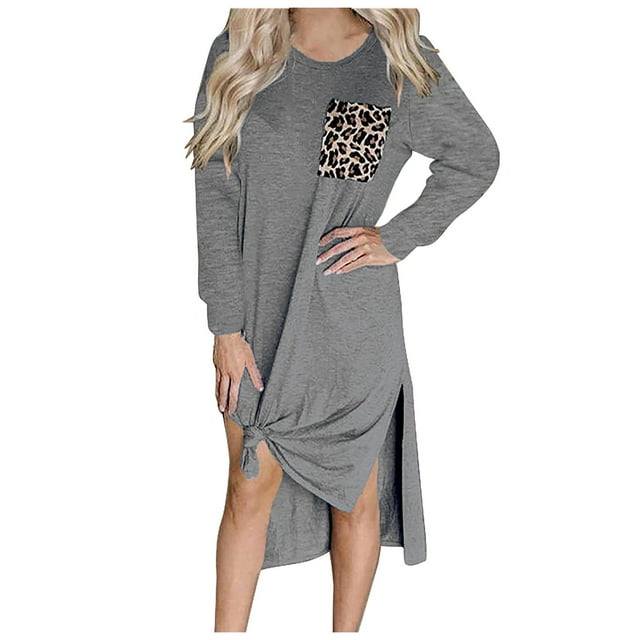 Long Dress for Women Casual Fashion Women Leopard Print Pocket Patchwork Dress Long Sleeves Casual Dress Leopard Print Dress for Women Dress with Sleeves for Women Casual Dress for Women
