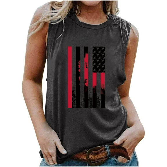 TDYHUAO Womens Crew Neck Tank Tops 4th of July American Flag Print Top Sleeveless Patriotic Tees Casual Cami Shirts Blouses