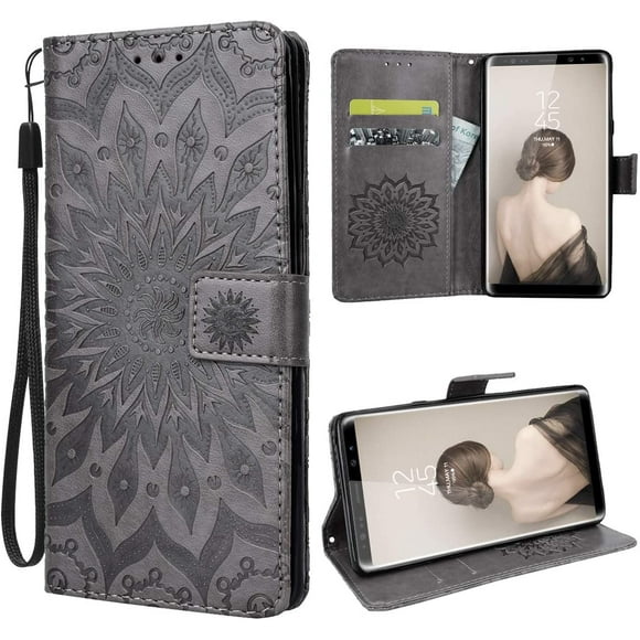 For Samsung Galaxy Note 9 Mobile Phone Cover Leather Pu Wallet Flip Case Flower Pattern Sunflower - Gray