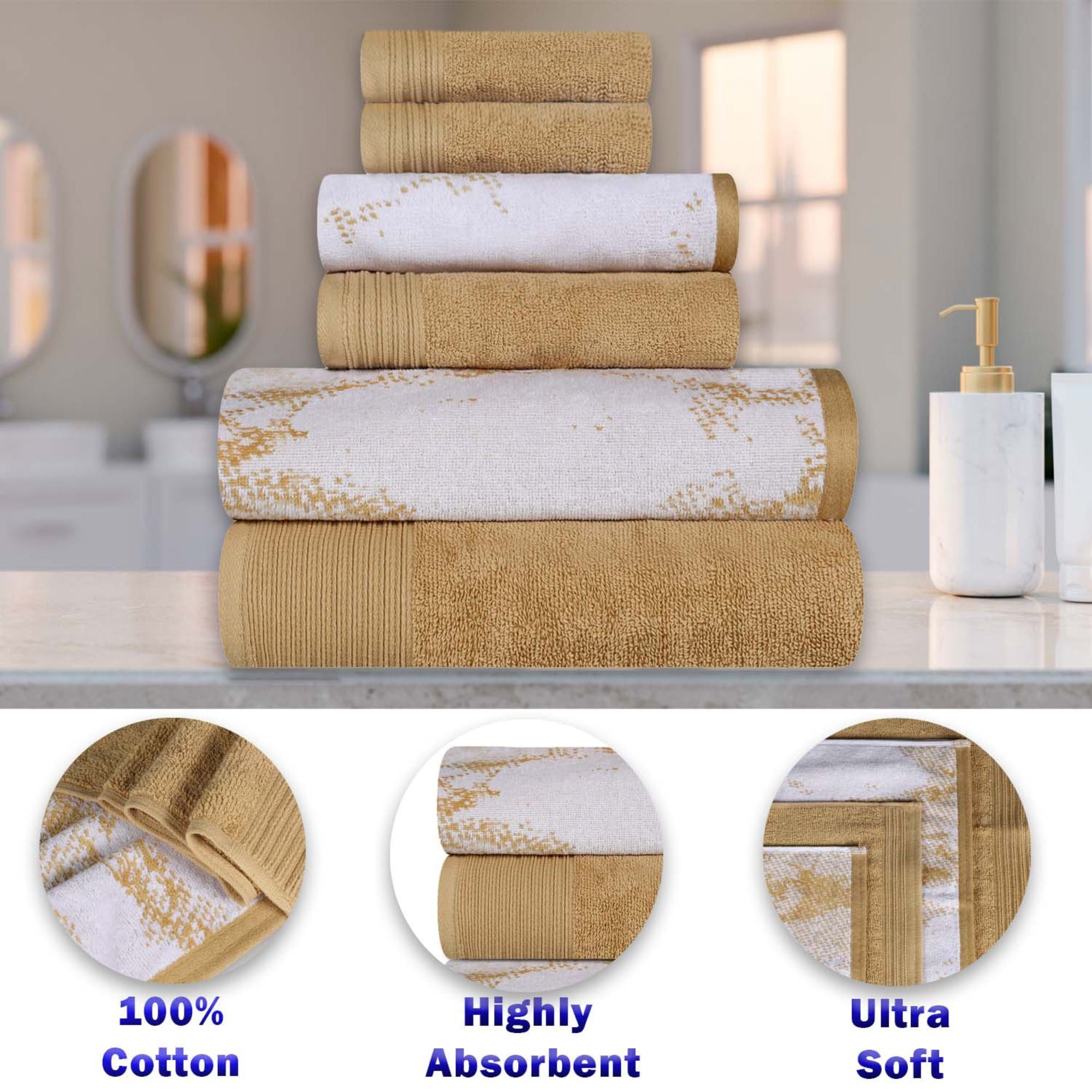 Superior Marble and Solid Jacquard Assorted Cotton 6 Piece Towel Set, Bronze
