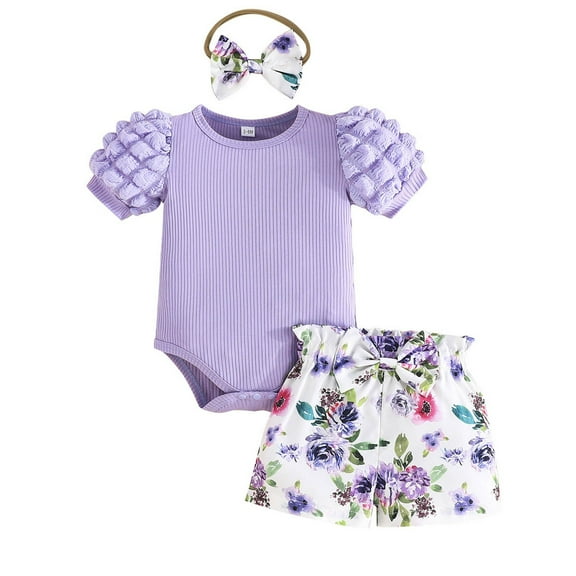 Baby Girl First Birthday Outfit Baby Girl Summer Infant Girl Outfit Ruffle Romper Short Set Cute Clothes Girl Baby Clothes Purple 0 Months-3 Months