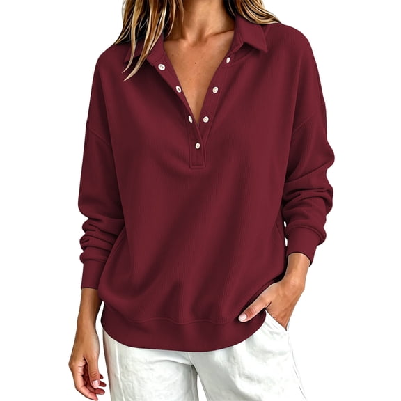 Sweatshirt for Women Basic Long Sleeve Sweatshirts Casual Fleece Button Henley Neck Pullover Wine XL