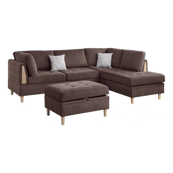 Cato 3 Piece L Shape Sectional Sofa Set with Ottoman, 2 Pillows, Brown