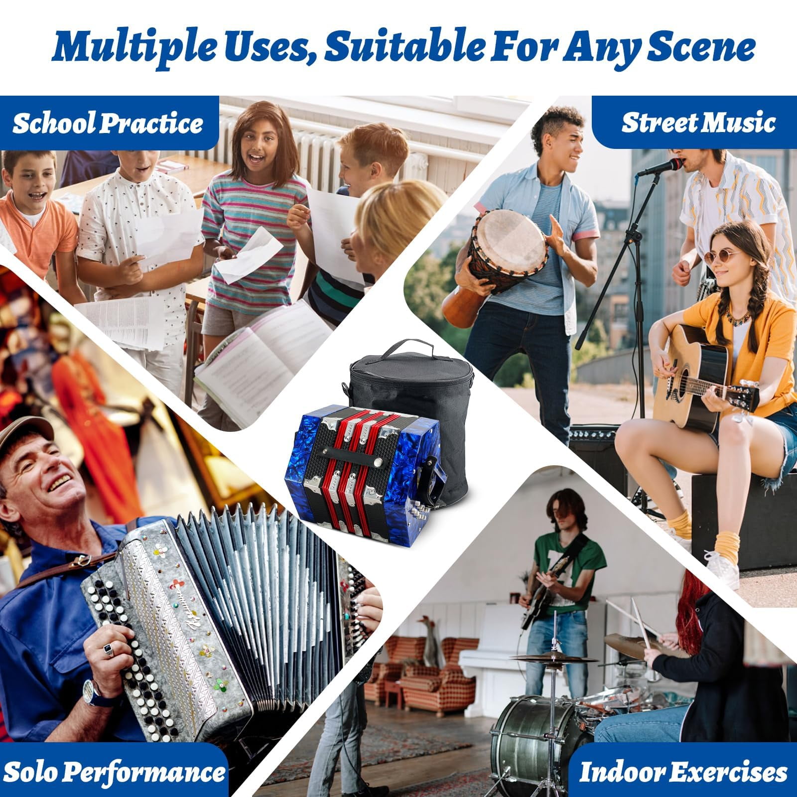 Concertinas,20-Key Accordion for Adults, Professional Accordion for Beginners, Adjustable Hand Straps, Instrument Accessories (Blue)