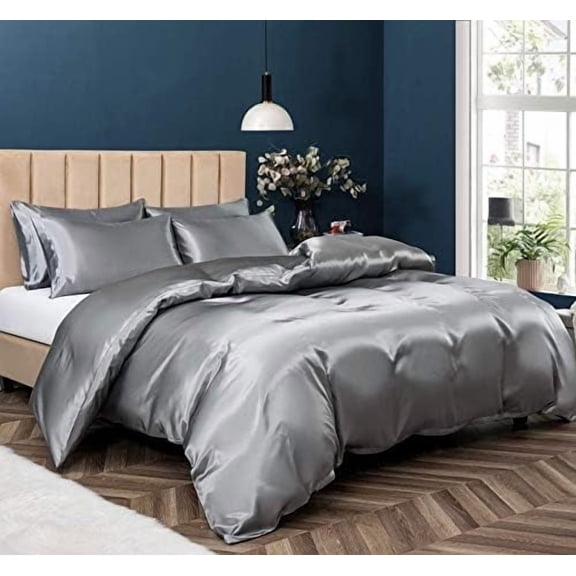 5 Pieces Satin Duvet Cover King Size Set, Luxury Silky Like Grey Duvet Cover Bedding Set with Zipper Closure, 1 Duvet Cover 4 Pillow Cases (No Comforter)