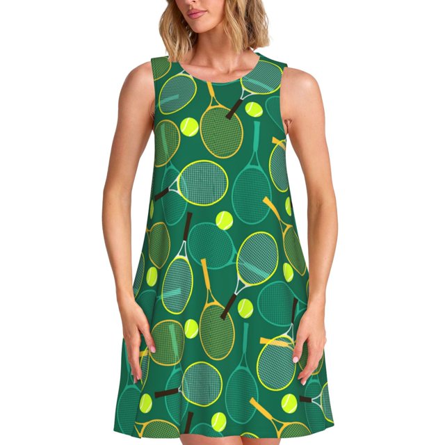 Easygdp Tennis Rackets and Balls para Vestido Transpirable de Mujer, Vestido Suelto de Manga Corta con Pliegues y Bolsillos para el Verano