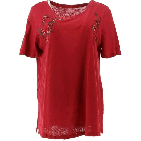 DG2 Diane Gilman T-Shirt Brodé à Manches Courtes Rouge L Neuf 654-859
