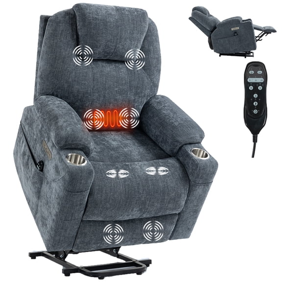 GAKMCIL Chenille Power Lift Recliner Chair with Heating and 3 Massage 8 vibrating nodes(back,lumbar,thighs,legs),Timing function,USB & Type-C Ports,Cup Holders,Remote Control,Up to 400 LBS,Gift,Blue