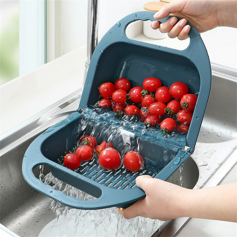 LBECLEY Escurridor De Platos Inoxidable Expandible Foldable Leaking Basket  Fruit Vegetable Container Sink Storage Basin Over Sink Cutting Board  Expandable Blue One Size 