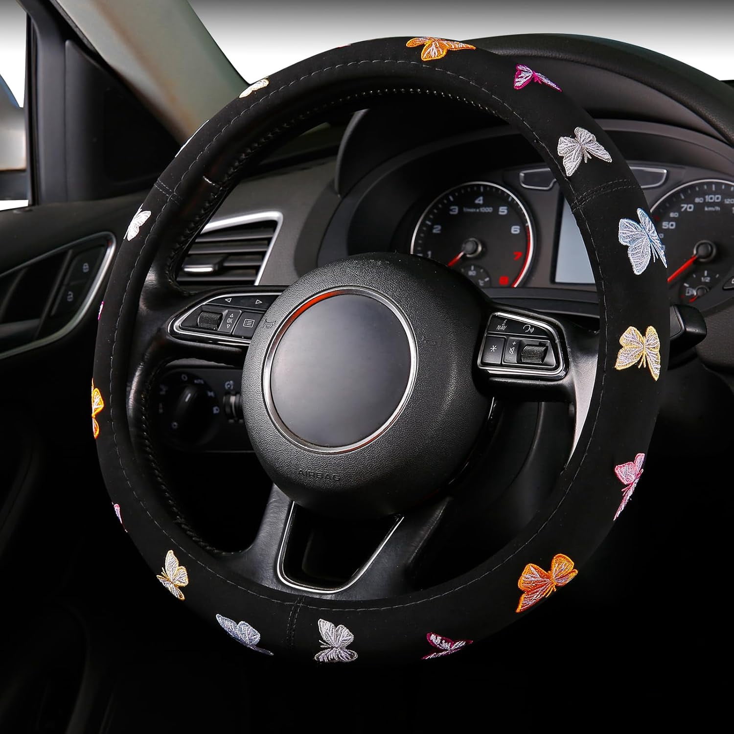 Embroidery Cute Steering Wheel Cover Stitched Butterfly Girly,Sweat Absorption,Universal 15 inch