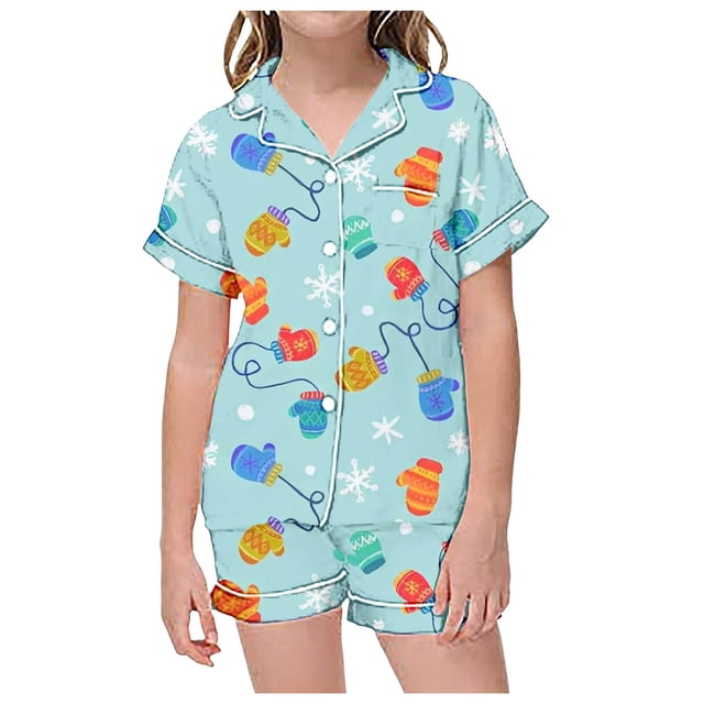 WEAIXIMIUNG Children's Christmas Print Short Sleeve Shorts Cardigan Children's Pyjamas Two Sets 2-3 Years