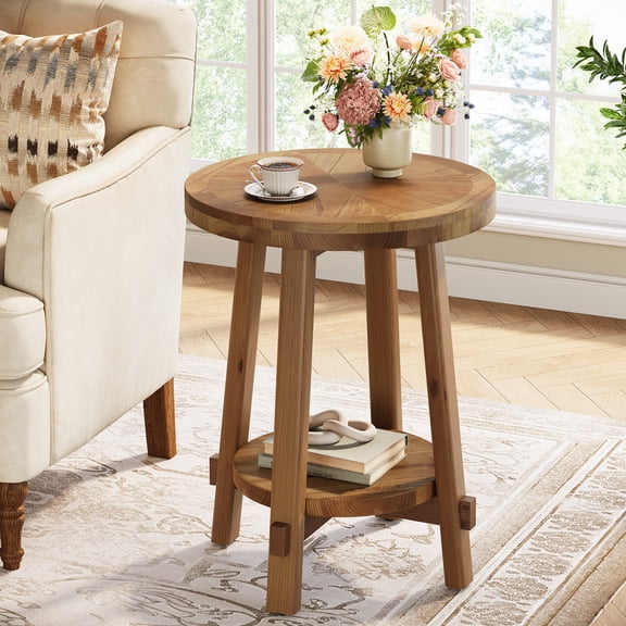Finmind Solid wood Round Side Table, 19" Narrow End Table with Storage Shelf for Living Room, Rustic Brown