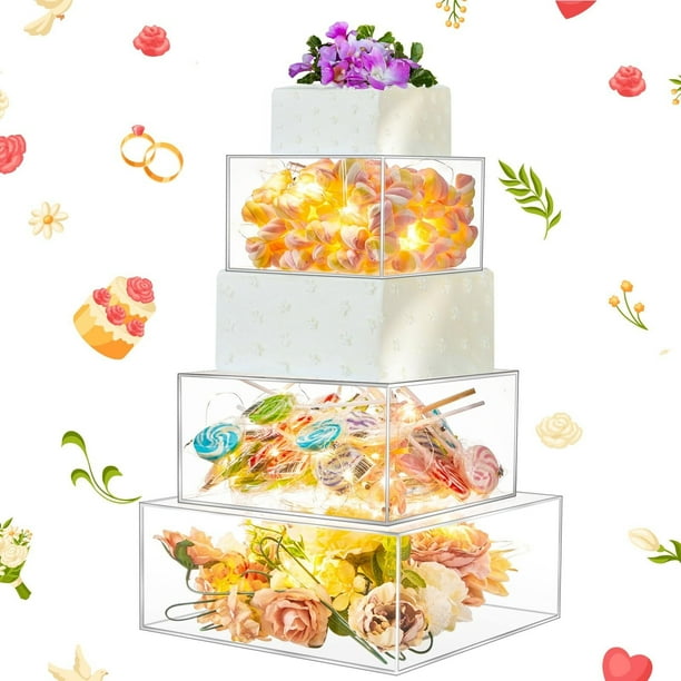 Soporte cuadrado de acrílico para tartas, 3 niveles, relleno transparente, con cadena de luces LED, soporte para cupcakes con tapa para bodas, fiestas de cumpleaños, mesas, postres
