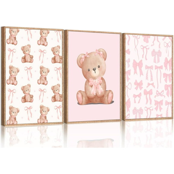 3Pcs Pink Teddy Bear Canvas Wall Art Coquette Bow Wall Decor Pictures Cute Animal Nursery Posters Prints for Baby Girls Room Bedroom Home Decorations