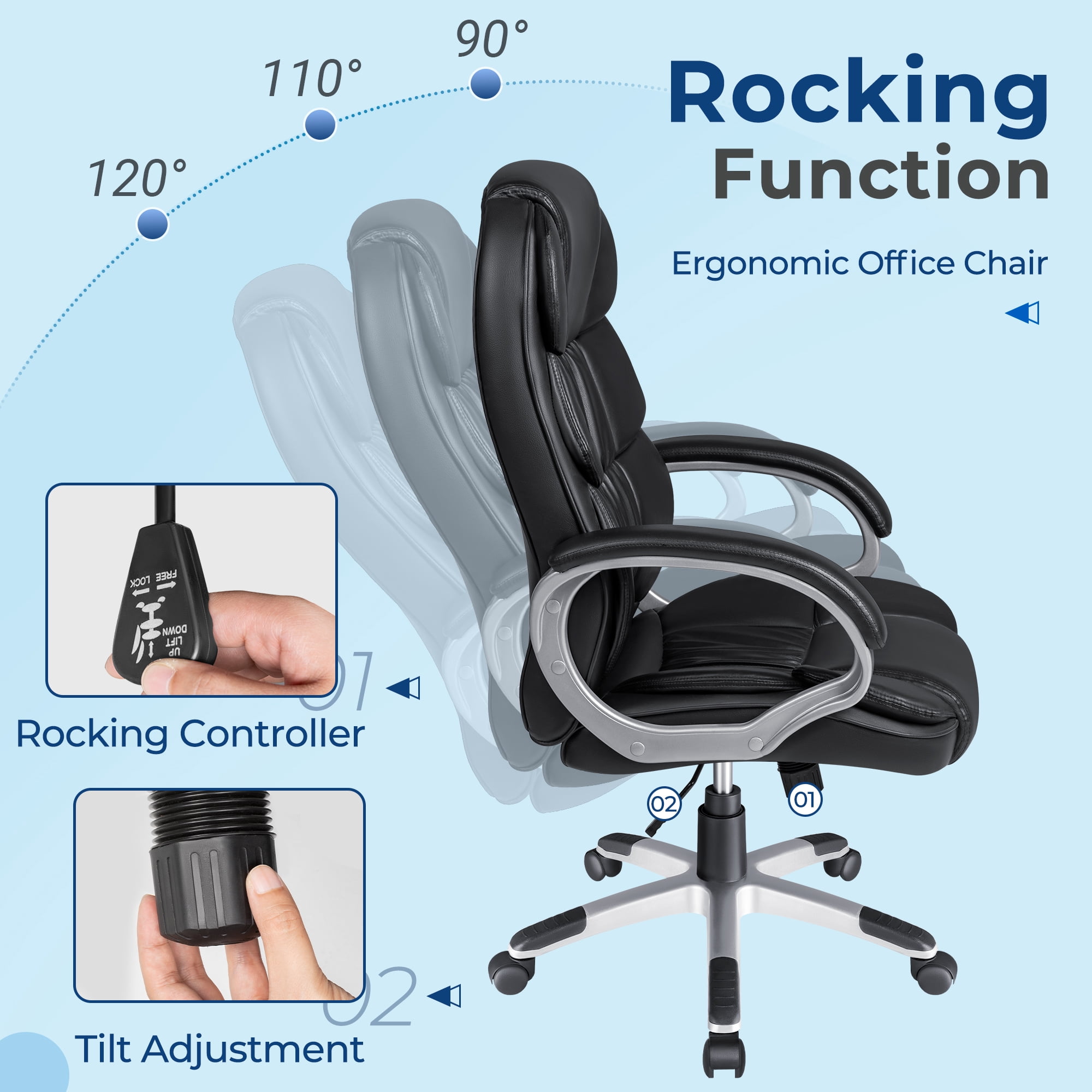 Vineego Office Chair High Back Computer Chair Ergonomic Desk Chair, PU Leather Adjustable Height Modern Executive Swivel Task Chair,Black