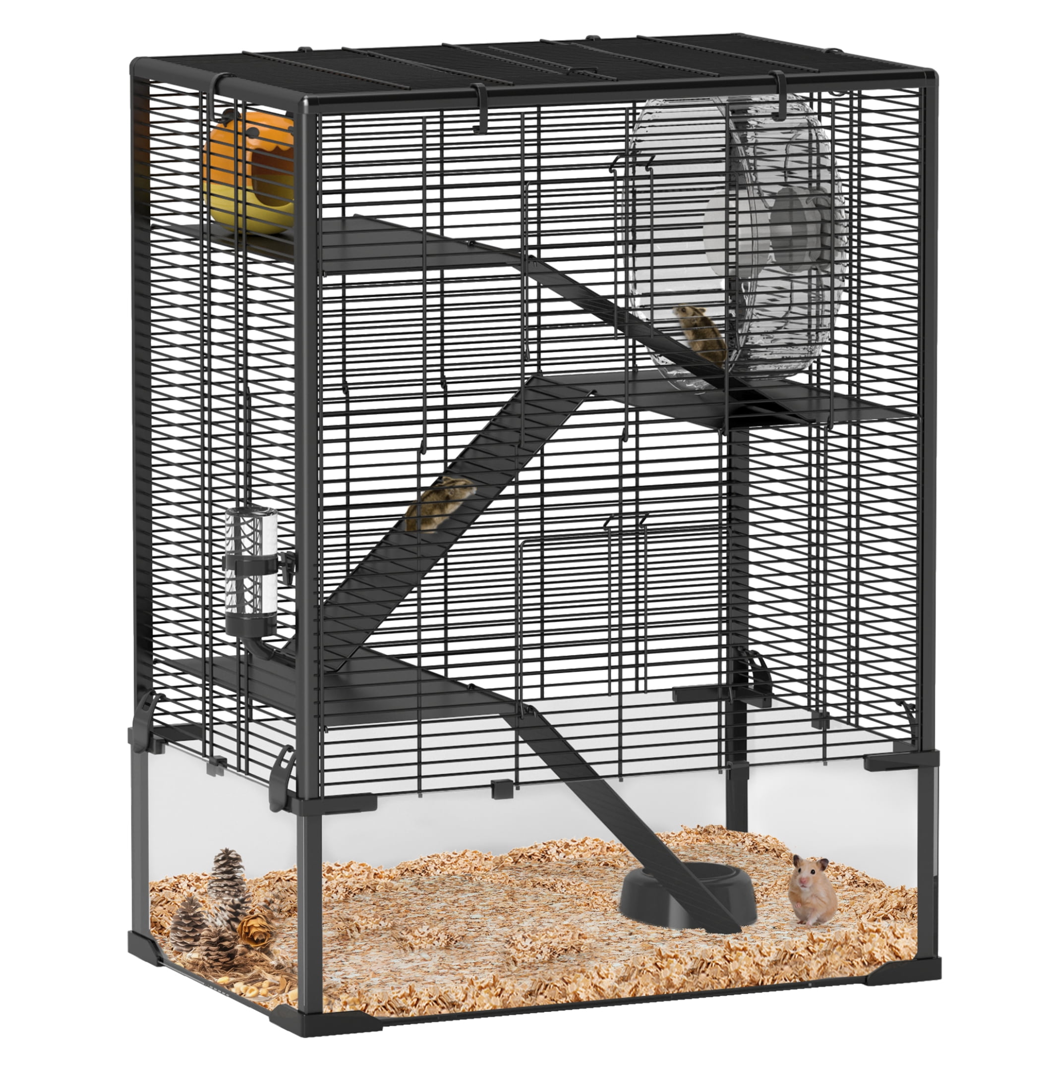 Hamster Cage 4 Tier with Tempered Glass Bottom, Running Wheel & Hut - Mice Rat Gerbil Habitat 24x16x31.5 Inch
