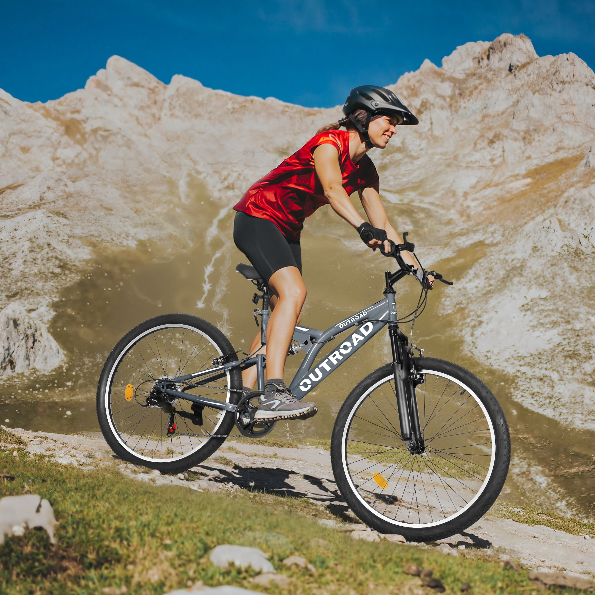 Marknig 26 inch Mountain Bike, 7 Speed Adult Bicycle with High-Carbon Steel Frame, Dual Disc & V-Brakes, Adjustable Seat for Men and Women,MTB with Shock Absorption System, Gray