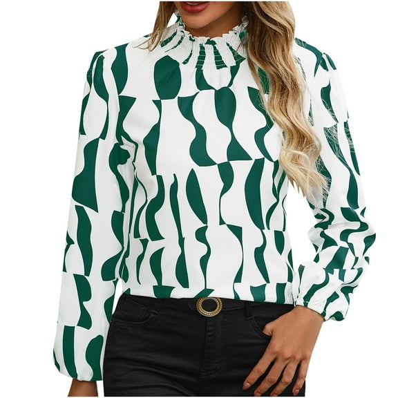 Ruffle Long Sleeve Tops for Women Print Mock Neck Work Casual Shirt Fashion Fall Plus Size Pleated Loose Blouses (Green 2XL)