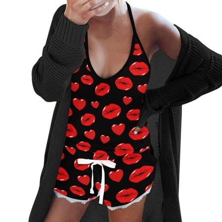 

Women Sexy Heart Printing Top Short Set Pajamas Sleeveless Cami Shorts Lingerie Sleepwear Set Homewear Fashion Sets Beach Cover Ups for Women Sexy