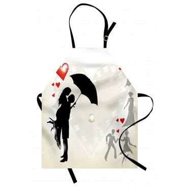 Wedding Apron Couple in Love Umbrella Red Hearts Daisies Romance in the Air Celebration, Unisex Kitchen Bib Apron with Adjustable Neck for Cooking Baking Gardening, Black White Red, by Ambesonne