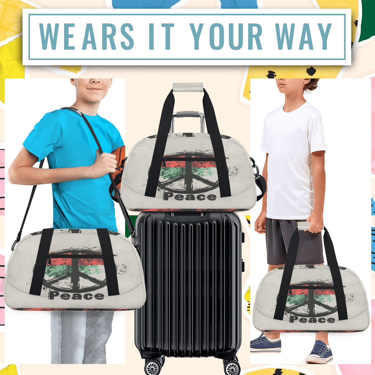 Herdesigns Peace Sign Sports Duffle Bag for Women & Men, Peace Symbol Gym Bag Dance Bag Overnight Bag Carry On Weekender Travel Bag