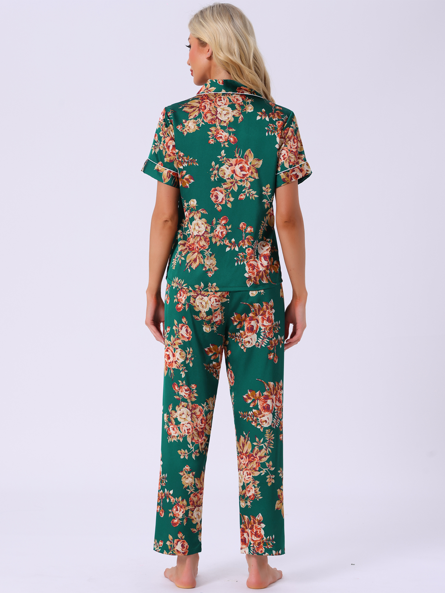 DARING DIVA Women's Silk Short Sleeves Floral Satin Pajama Sets XL Green Orange