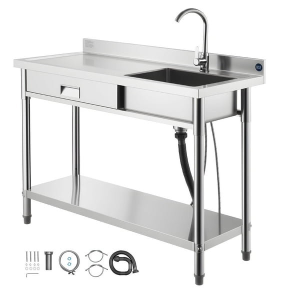 KFFKFF Stainless Steel Utility Sink with Rolling Design, Single Bowl Commercial Kitchen Sink Featuring Drawer, Faucet, and Hot & Cold Water Pipes, Ideal for Garage, Restaurant, or Laundry Use