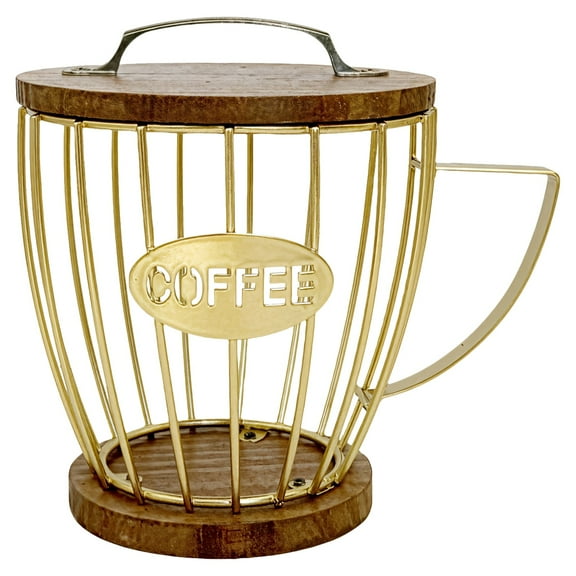 Gold Coffee Pod Holder with Wooden Lid, Large Capacity, Sturdy Iron Frame, Coffee Storage Basket with "COFFEE" Design, Great for Kitchen and Coffee Bar