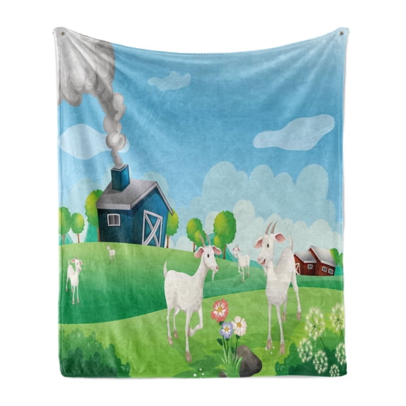 Farmhouse Soft Flannel Fleece Throw Blanket, Pleasant Farm Life Illustration with Colorful Houses Green Meadows Happy Goats, Cozy Plush for Indoor and Outdoor Use, 70" x 90", Multicolor, by Ambesonne