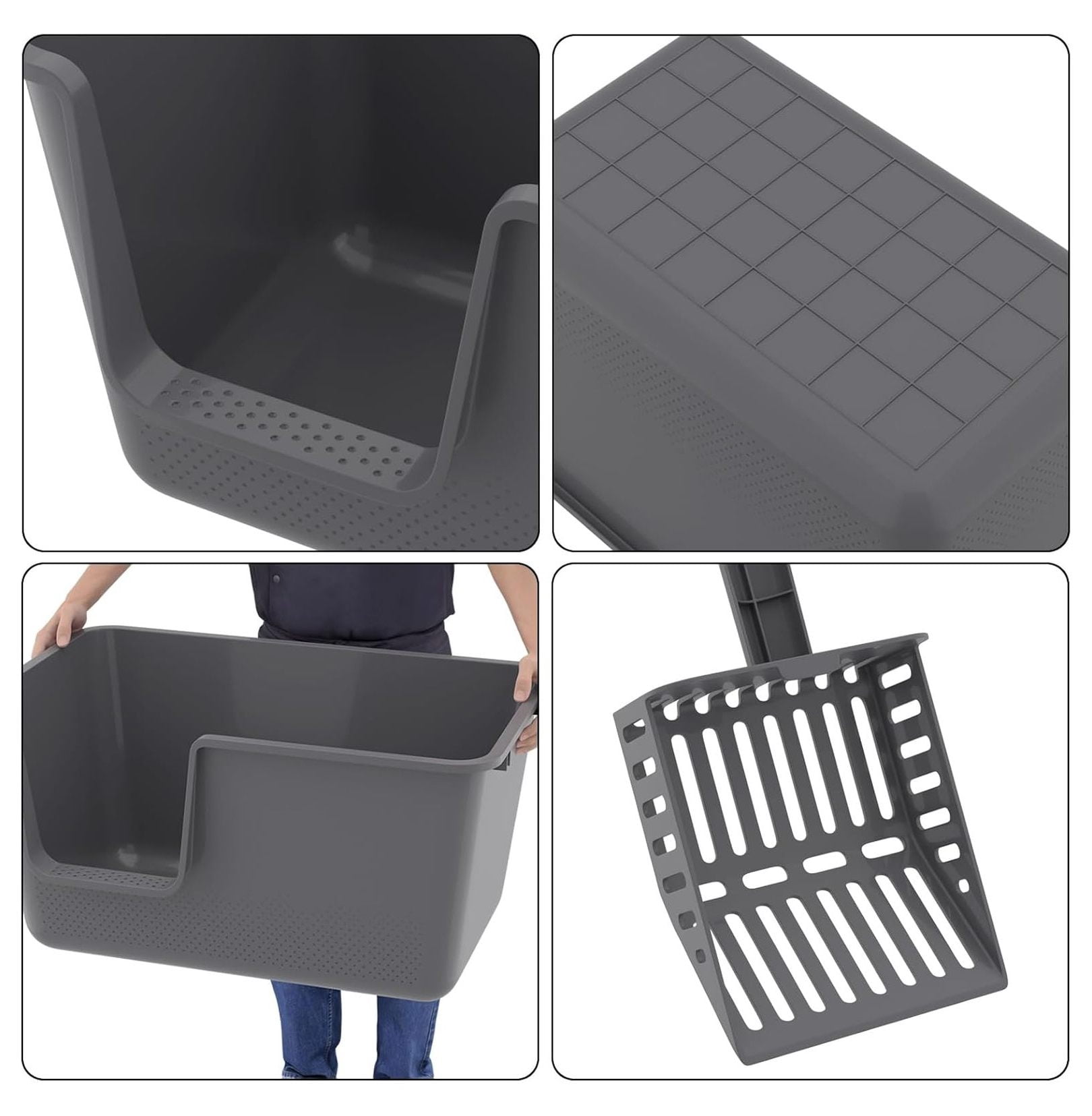 Cat Litter Boxes 2 Pack - Extra Large High Sided Pan, 24.35 x 15.12 x 12.9 Inch Gray - Open Top Cat Litter Box for Easy Access & Cleaning