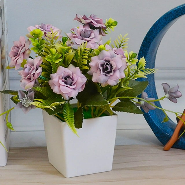 Artificial Potted Flower Lifelike Fake Cloth Flower Plastic Decor Fake Cloth Flowerpot Simulation Floral Decor, Purple