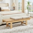 thumbnail image 2 of Zesthouse 59.4" Slatted Wooden Entryway Bench, Farmhouse Wooden Shoe Bench with 2 Linen Seat Cushions, Natural Solid Wood Legs, Indoor End of Bed Stool for Hallway, Living Room, Beige, 2 of 9