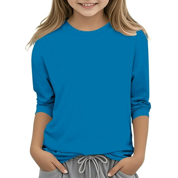 breaise 3/4 Sleeve Tops for Girls Solid Color Crewneck Casual Shirts Three Quarter Length Loose Fit Summer Blouses 3-12Years