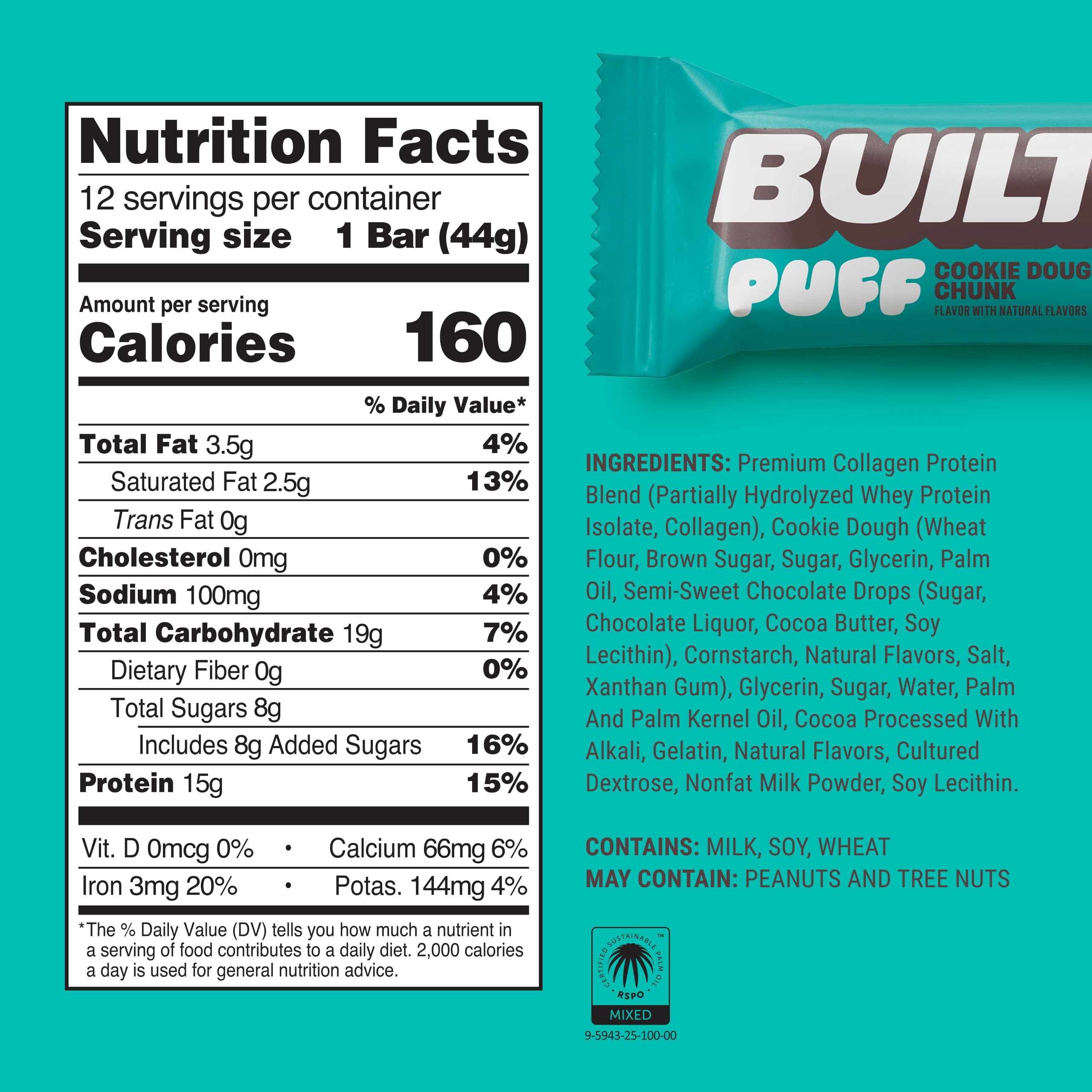 BUILT Bar Puff Protein Snack Bars, 15g Protein, Cookie Dough Chunk, No Gluten Free - 12 Pack
