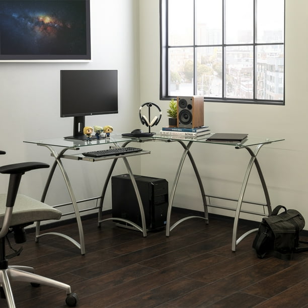 Modern Glass And Metal Rounded Frame L Shaped Corner Computer Desk