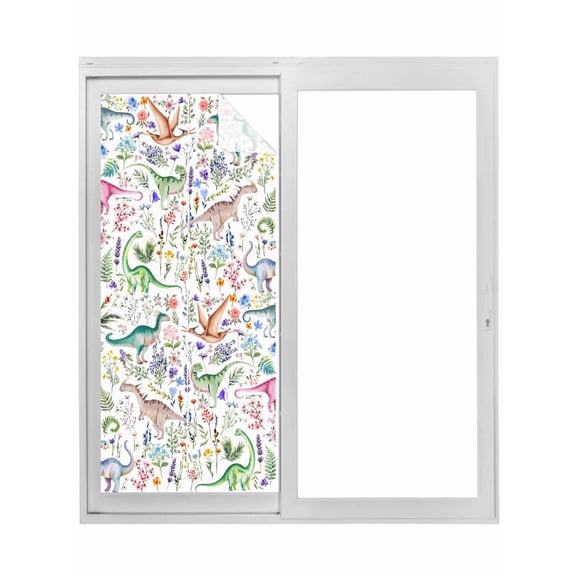 Spring Dinosaurs Window Privacy Film, Farmhouse Botanical Floral Watercolor Static Cling UV Sun Blocking Tint Film Heat Control Windows Films for Bedroom Bathroom, Window Stickers 35.4"x78.7"