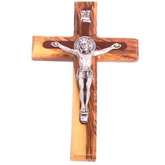 Two Tone Saint Benedict Crucifix Olive Wood From Bethlehem With Top Grade Corpus And Saint Benedict Medal From Front And