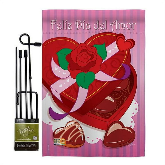 Breeze Decor BD-VA-GS-101045-IP-BO-D-US09-BD 13 x 18.5 in. Feliz Dia Del Amor Spring Valentines Impressions Decorative Vertical Double Sided Garden Flag Set with Banner Pole
