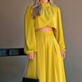 thumbnail image 3 of Women'S Elegant Commuting Irregular Long-Sleeved Top High Waist Wide Leg Pants Two-Piece Suit Yellow L, 3 of 5