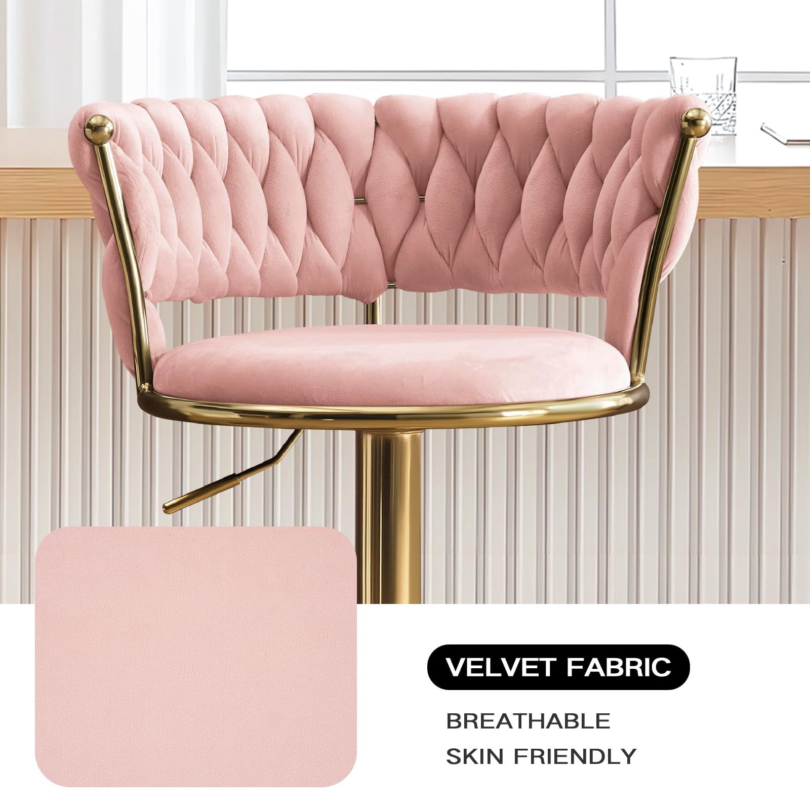 Set of 2 360° Swivel Velvet Bar Stools, Adjustable Counter Height Bar Chairs with Gold Metal Base & Low Back, Modern Kitchen Island Barstools for Dining Room & Pub, Pink
