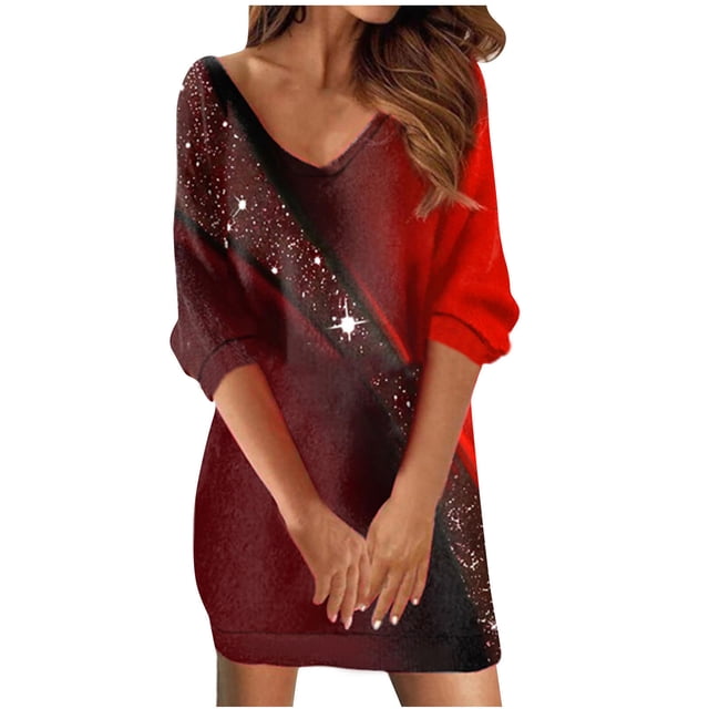 FAIWAD Robes Décontractées pour Femmes Grande Taille Col en V Manches 3/4 Robe Portefeuille Imprimé Tendance Mini Confortable Courte Tunique
