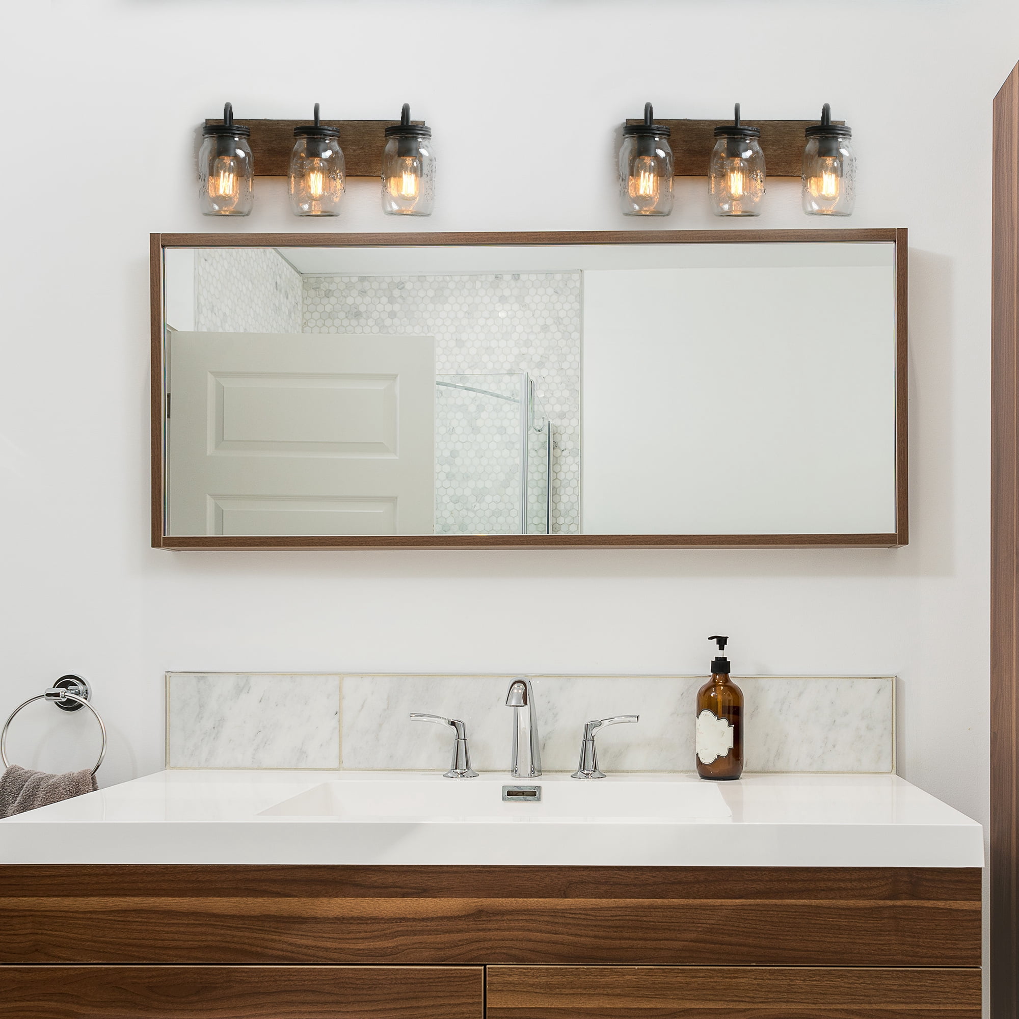 LNC 3-Light Farmhouse Brown Wood and Black with Maison Jar Shade Vanity Light for Bathroom
