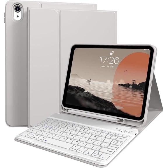 for iPad 11/10th Gen Case with Keyboard 11/10.9 inch 2025 A16/2022, Detachable Wireless Bluetooth Keyboard Case Thin & Light with Built-in Left Side Pencil Holder, White Square Keycaps (Gray)