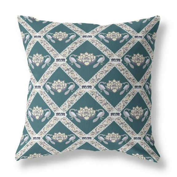 Lotus Peacock Rose Throw Pillow with Removable Cover in Dark Green Yellow Gray 16x16