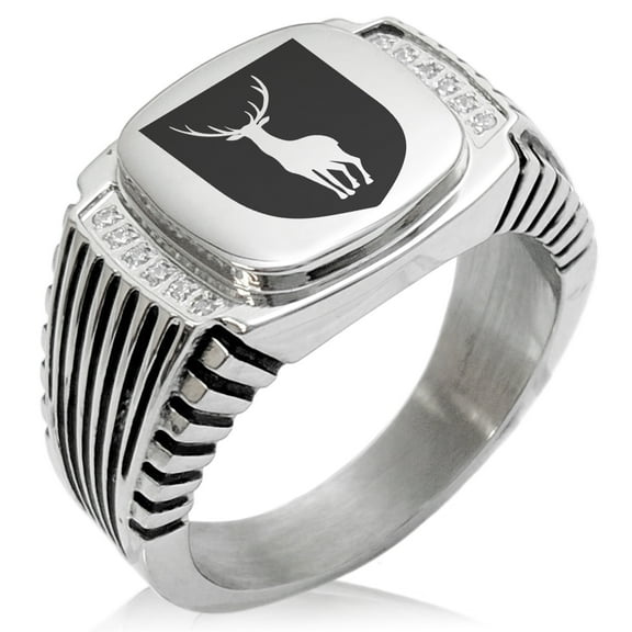 Stainless Steel Stag Purity Coat of Arms Shield CZ Ribbed Needle Stripe Pattern Biker Style Polished Ring