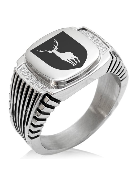 Stainless Steel Stag Purity Coat of Arms Shield CZ Ribbed Needle Stripe Pattern Biker Style Polished Ring