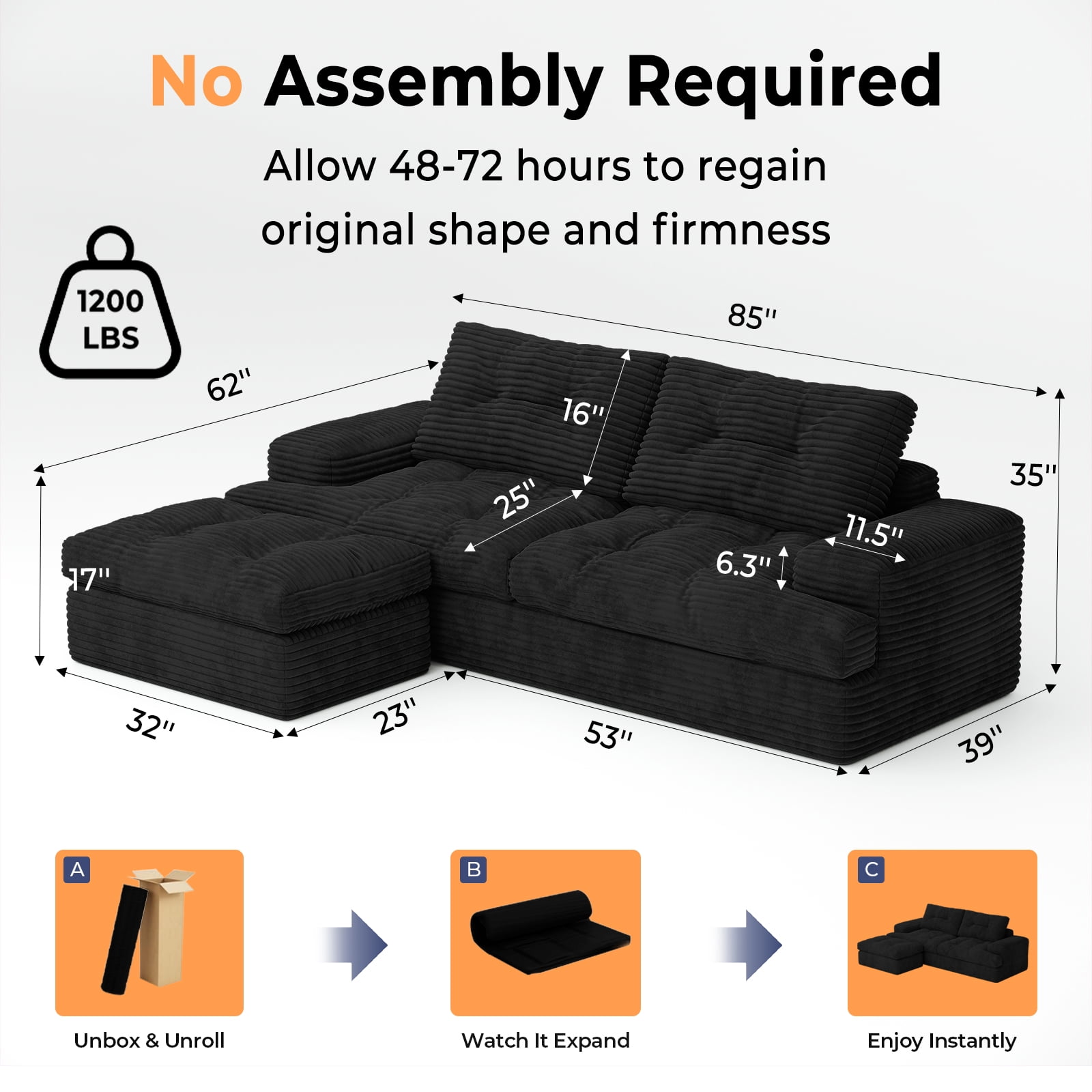 85" Modular Sectional Sofa for Living Room, L-Shaped Corduroy Cloud Couch with Ottoman, Two-Layer Cushion, No Assembly Boneless Sofa, Black